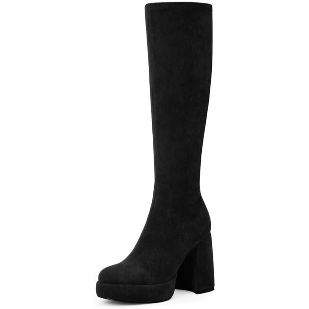Women's Blacksuede Platform Knee High Boots Chunky Heel Rounded Toe Zipper